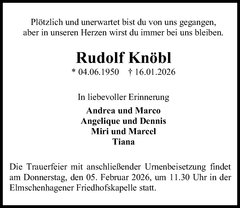  Traueranzeige für Rudolf Knöbl vom 31.01.2026 aus Kieler Nachrichten