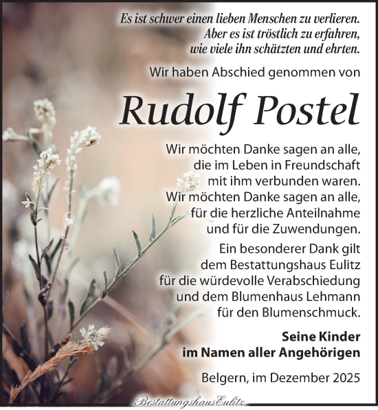 Traueranzeige von Rudolf Postel von Torgauer Zeitung