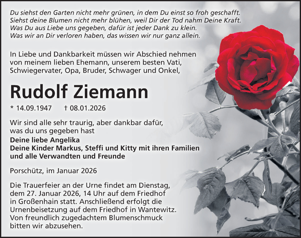  Traueranzeige für Rudolf Ziemann vom 17.01.2026 aus Sächsische Zeitung