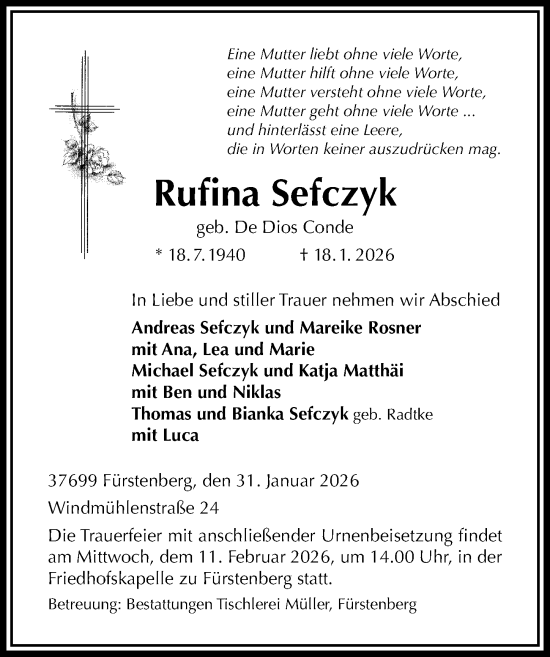 Traueranzeige von Rufina Sefczyk von Täglicher Anzeiger Holzminden