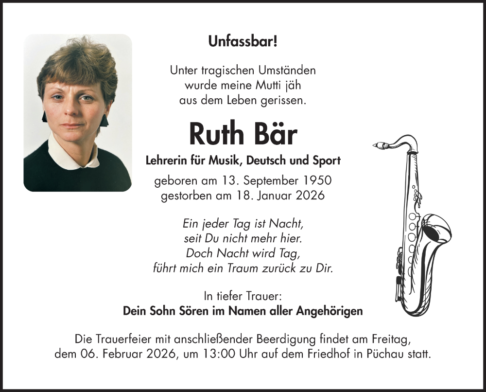  Traueranzeige für Ruth Bär vom 31.01.2026 aus Leipziger Volkszeitung