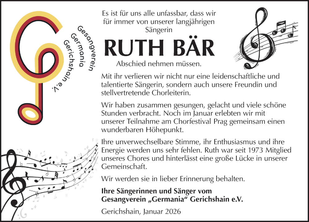  Traueranzeige für Ruth Bär vom 31.01.2026 aus Leipziger Volkszeitung