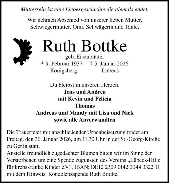 Traueranzeige von Ruth Bottke von Lübecker Nachrichten