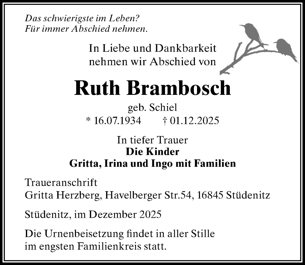  Traueranzeige für Ruth Brambosch vom 03.01.2026 aus Wochenspiegel