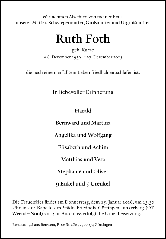 Traueranzeige von Ruth Foth von Göttinger Tageblatt