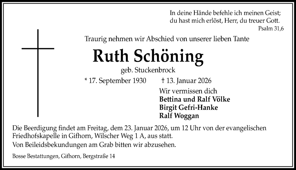  Traueranzeige für Ruth Schöning vom 17.01.2026 aus Aller Zeitung