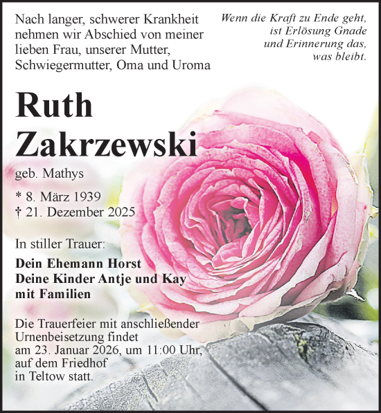 Traueranzeige von Ruth Zakrzewski von Märkischen Allgemeine Zeitung