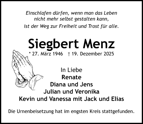 Traueranzeige von Siegbert Menz von Lübecker Nachrichten