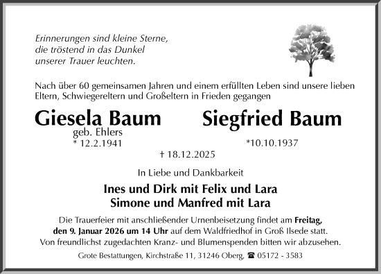 Traueranzeige von Siegfried Baum von Peiner Allgemeine Zeitung