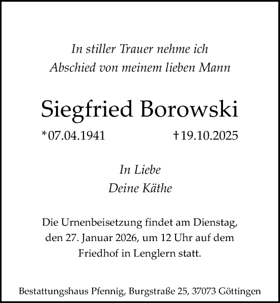 Traueranzeige von Siegfried Borowski von Göttinger Tageblatt