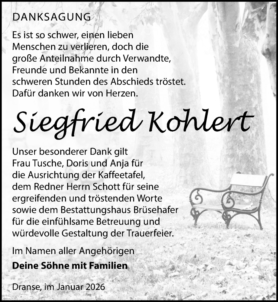  Traueranzeige für Siegfried Kohlert vom 24.01.2026 aus Wochenspiegel