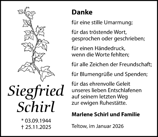 Traueranzeige von Siegfried Schirl von Märkischen Allgemeine Zeitung
