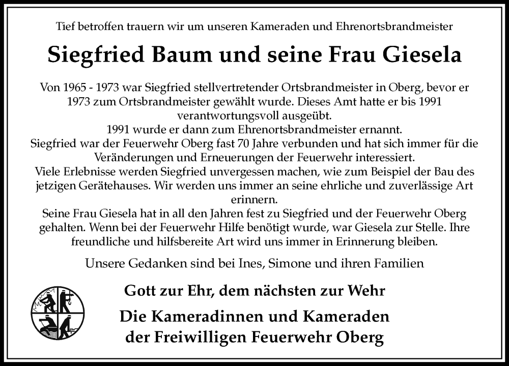  Traueranzeige für Siegfried und Gisela Baum vom 03.01.2026 aus Peiner Allgemeine Zeitung