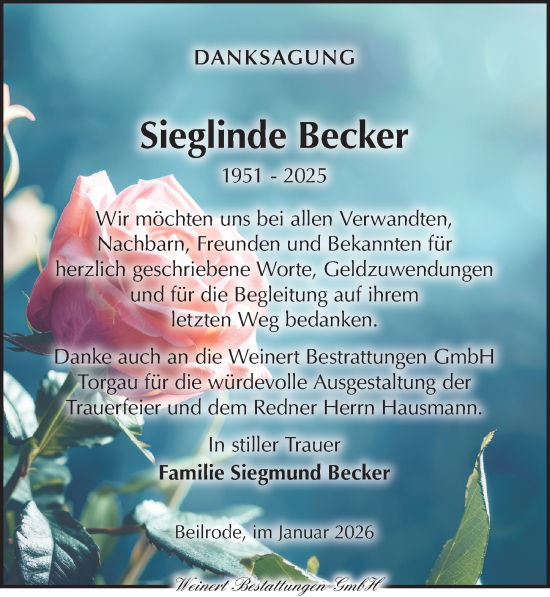 Traueranzeige von Sieglinde Becker von Torgauer Zeitung