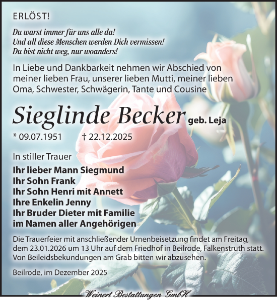 Traueranzeige von Sieglinde Becker von Torgauer Zeitung