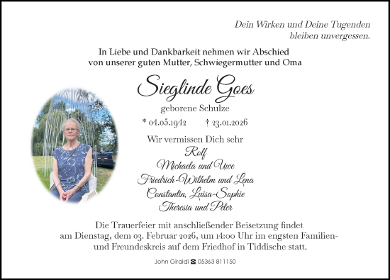 Traueranzeige von Sieglinde Goes von Aller Zeitung