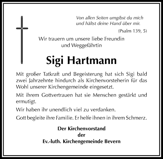 Traueranzeige von Sigi Hartmann von Täglicher Anzeiger Holzminden