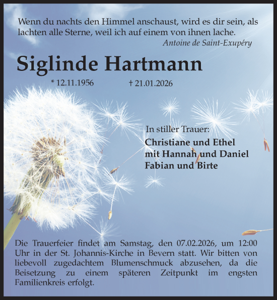 Traueranzeige von Siglinde Hartmann von Täglicher Anzeiger Holzminden
