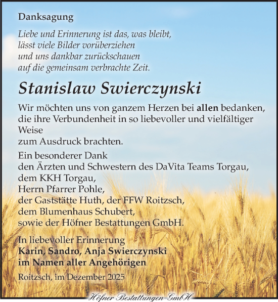 Traueranzeige von Stanislaw Swierczynski von Torgauer Zeitung