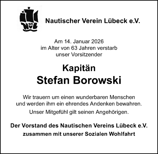 Traueranzeige von Stefan Borowski von Lübecker Nachrichten