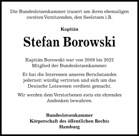 Traueranzeige von Stefan Borowski von Lübecker Nachrichten