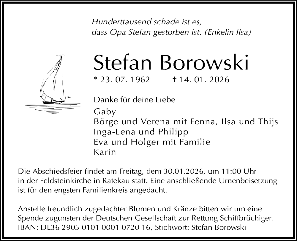  Traueranzeige für Stefan Borowski vom 28.01.2026 aus Kieler Nachrichten