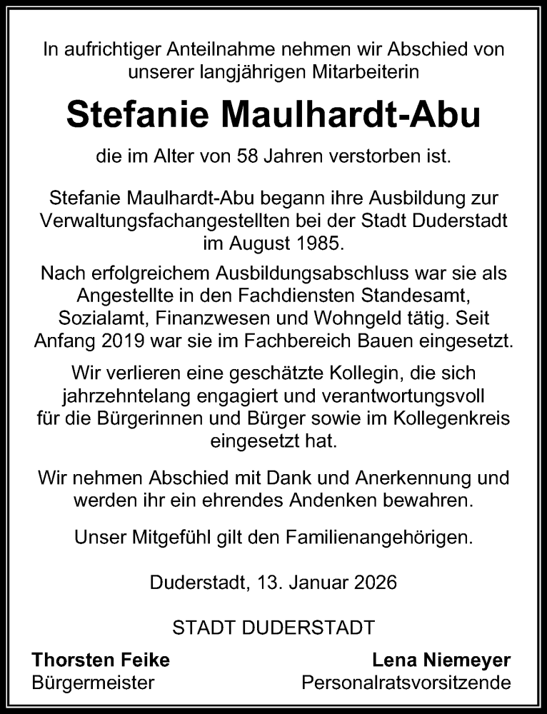  Traueranzeige für Stefanie Maulhardt-Abu vom 17.01.2026 aus Eichsfelder Tageblatt