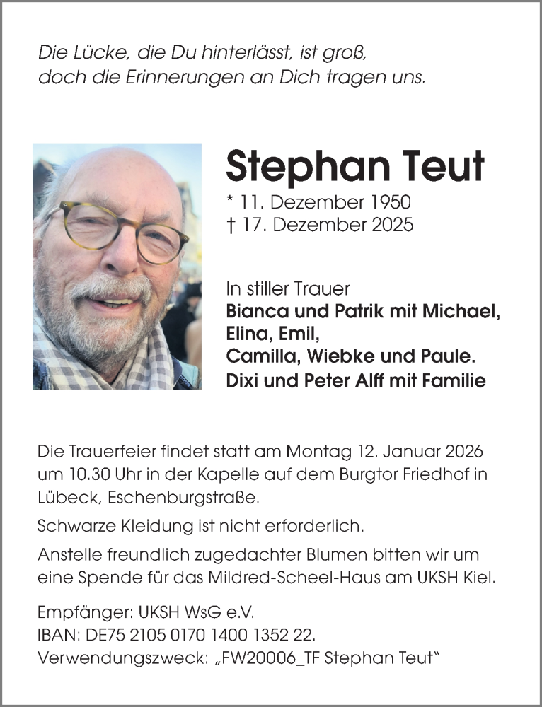  Traueranzeige für Stephan Teut vom 04.01.2026 aus Lübecker Nachrichten