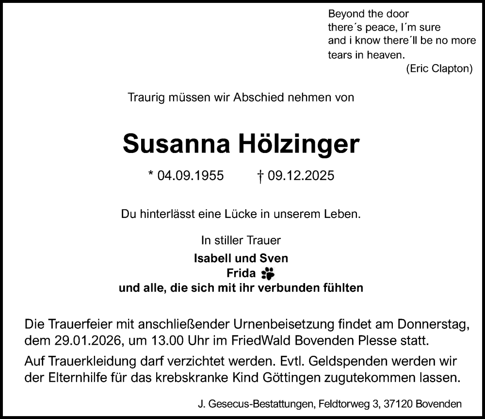  Traueranzeige für Susanna Hölzinger vom 17.01.2026 aus Göttinger Tageblatt