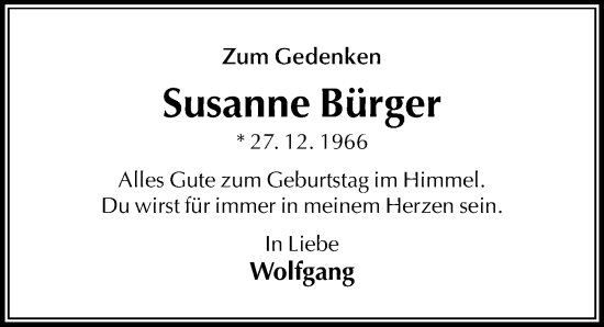 Traueranzeige von Susanne Bürger von Täglicher Anzeiger Holzminden