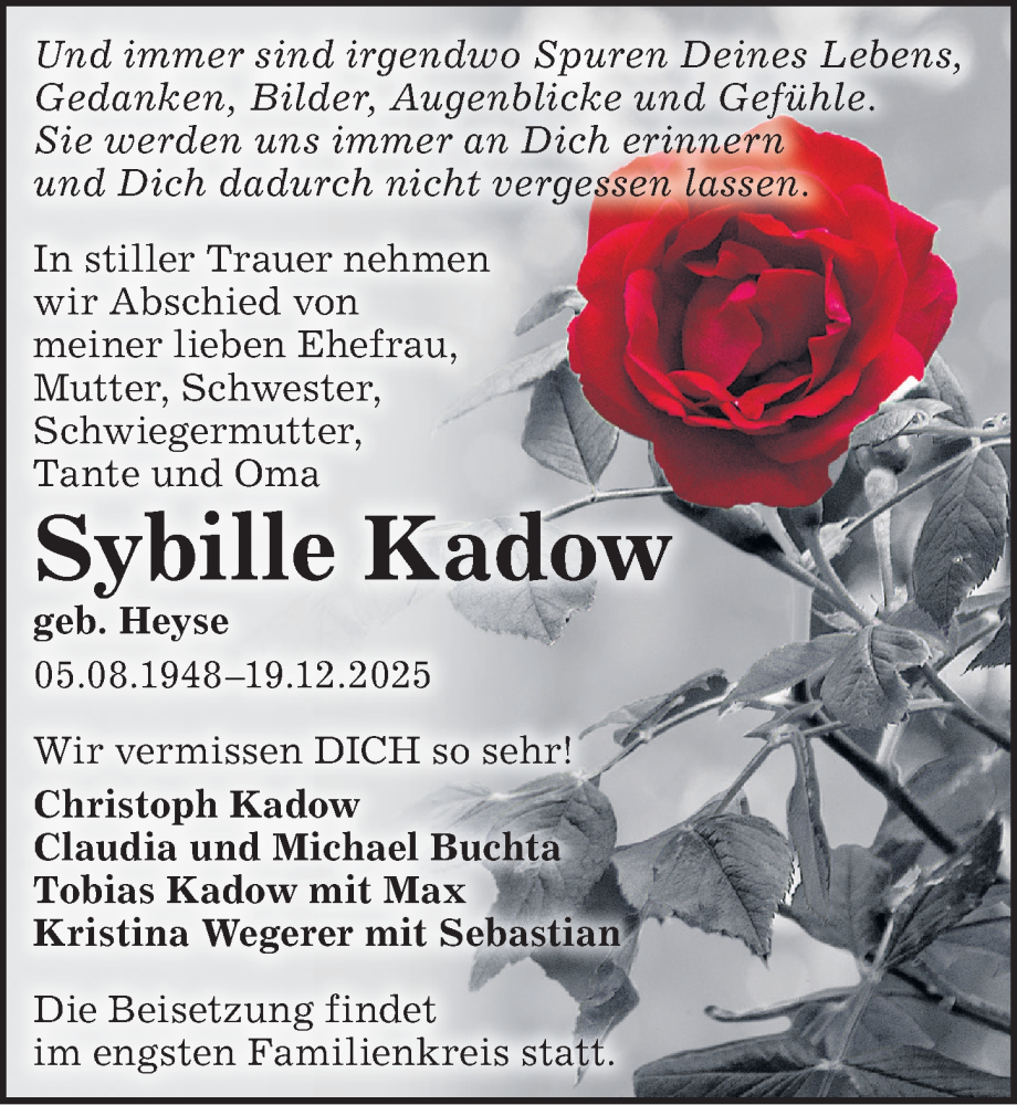  Traueranzeige für Sybille Kadow vom 03.01.2026 aus Sächsische Zeitung