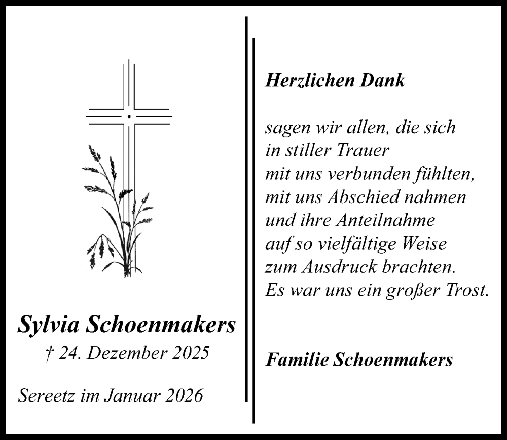 Traueranzeige für Sylvia Schoenmakers vom 25.01.2026 aus Lübecker Nachrichten