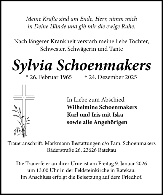 Traueranzeige von Sylvia Schoenmakers von Lübecker Nachrichten