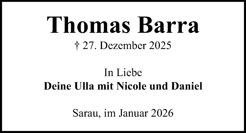  Traueranzeige für Thomas Barra vom 04.01.2026 aus Lübecker Nachrichten