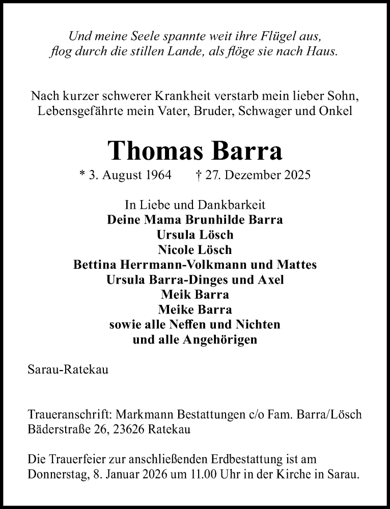  Traueranzeige für Thomas Barra vom 04.01.2026 aus Lübecker Nachrichten