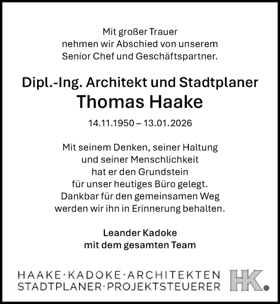 Traueranzeige von Thomas Haake von Lübecker Nachrichten