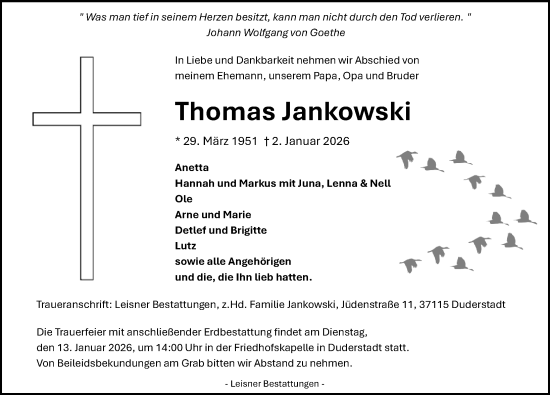 Traueranzeige von Thomas Jankowski von Eichsfelder Tageblatt
