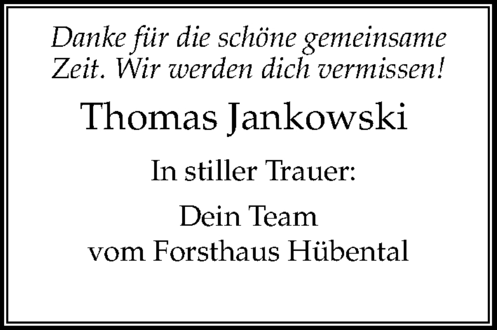 Traueranzeige für Thomas Jankowski vom 10.01.2026 aus Eichsfelder Tageblatt