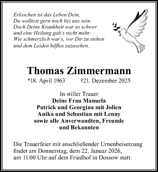 Traueranzeige von Thomas Zimmermann von Wochenspiegel