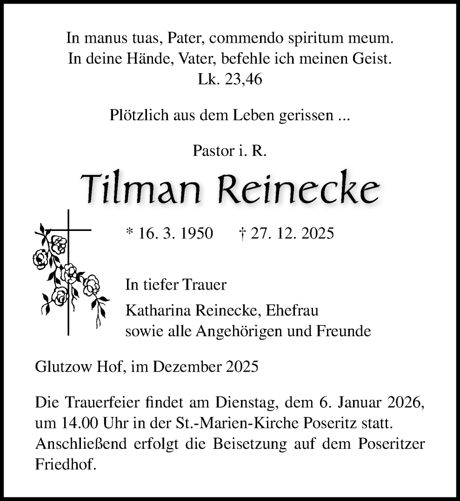  Traueranzeige für Tilman Reinecke vom 03.01.2026 aus Ostsee-Zeitung GmbH