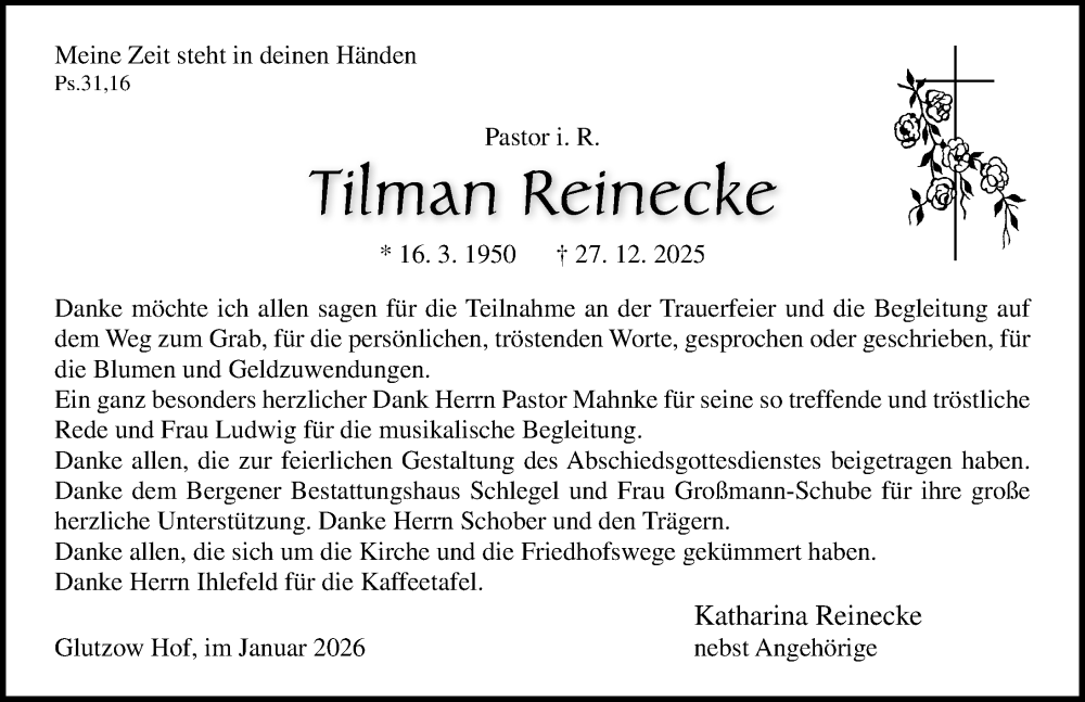  Traueranzeige für Tilman Reinecke vom 17.01.2026 aus Ostsee-Zeitung GmbH