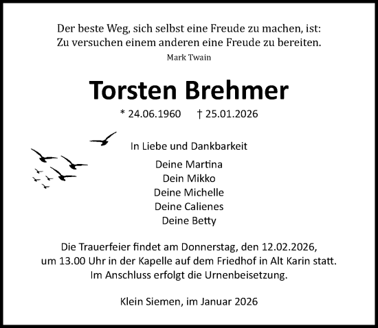 Traueranzeige von Torsten Brehmer von Ostsee-Zeitung GmbH