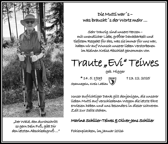 Traueranzeige von Traute Teiwes von Täglicher Anzeiger Holzminden