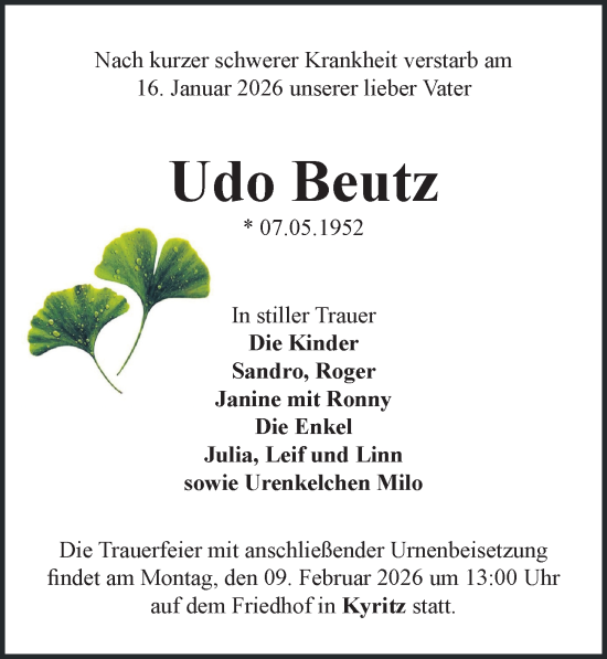 Traueranzeige von Udo Beutz von Wochenspiegel