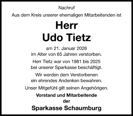 Traueranzeige von Udo Tietz von Schaumburger Nachrichten und Schaumburger Zeitung/ Landes-Zeitung
