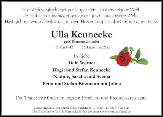 Traueranzeige von Ulla Keunecke von Peiner Allgemeine Zeitung