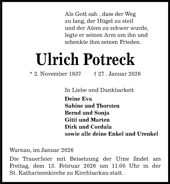 Traueranzeige von Ulrich Potreck von Kieler Nachrichten