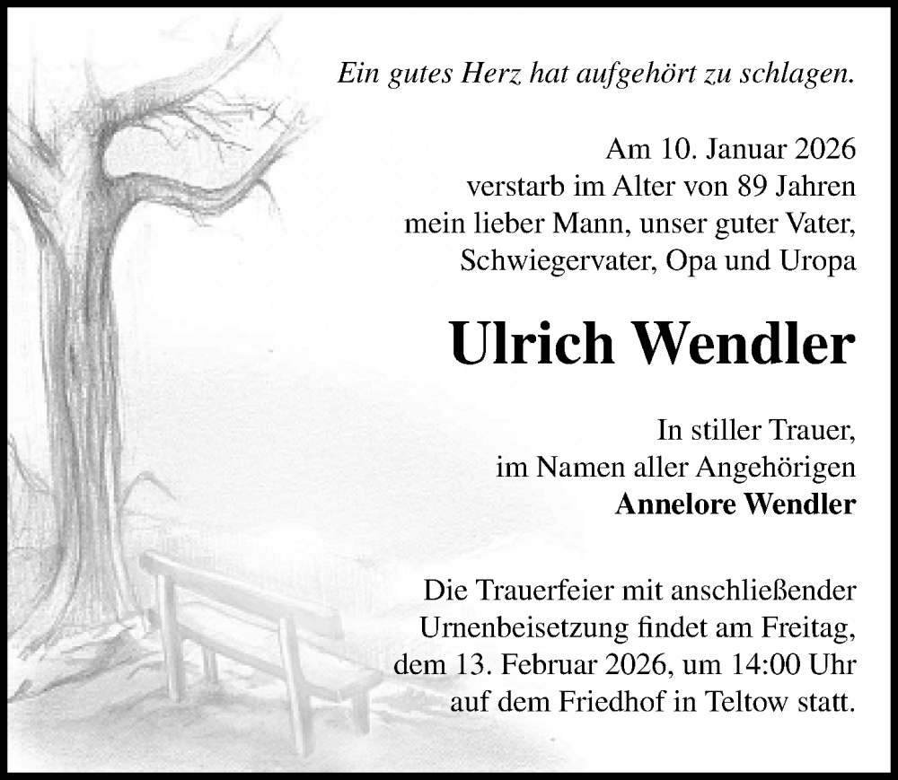  Traueranzeige für Ulrich Wendler vom 31.01.2026 aus Märkischen Allgemeine Zeitung