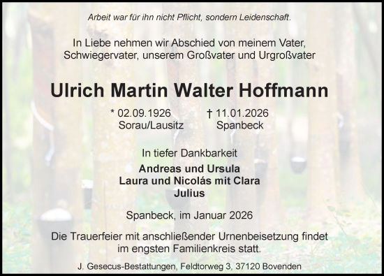 Traueranzeige von Ulrich Martin Walter Hoffmann von Göttinger Tageblatt