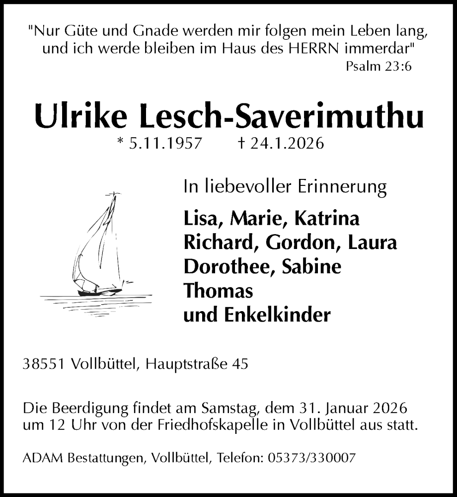  Traueranzeige für Ulrike Lesch-Saverimuthu vom 29.01.2026 aus Aller Zeitung